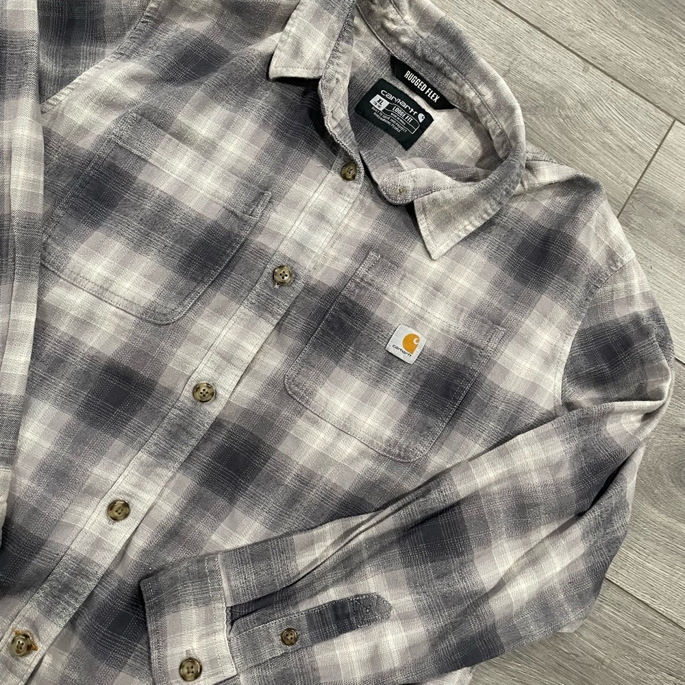 Carhartt Men’s Rugged Flex Flannel Gray Plaid Button-Up Shirt XL